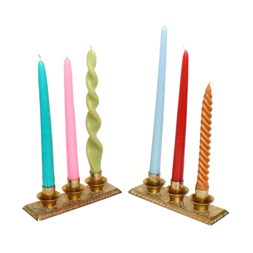 Set of Vintage Etched Brass Candle Holders with Three Candle Cups on Each